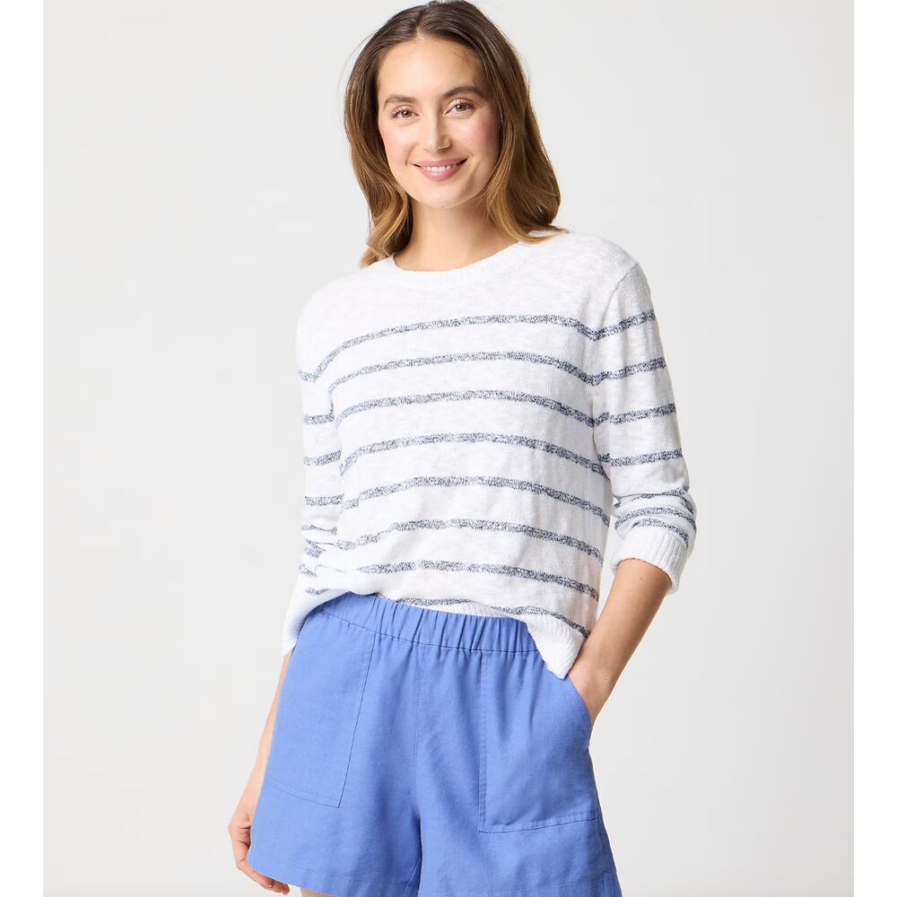 J.Crew Striped Crewneck Beach Sweater Long Sleeve White Navy Coastal XXS NWT